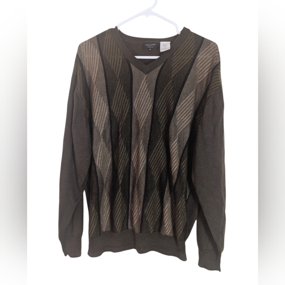 Cellinni Collezione Sweater Men's XL Wool Blend Argyle pattern  Green/Tan